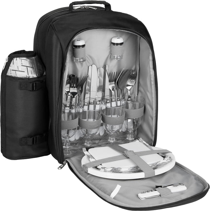 BRUBAKER Picknickrucksack für 4 Personen Schwarz Silber 27 × 38,5 × 21 cm - inkl. Kühlfach + Iso-Fla