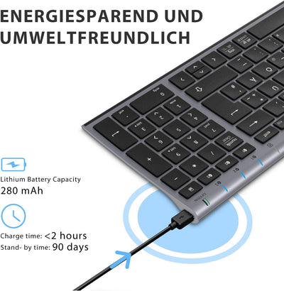 iClever Bluetooth Tastatur, Kabellose Tastatur mit 3 Bluetooth Kanälen, Funk Tastatur wiederaufladba