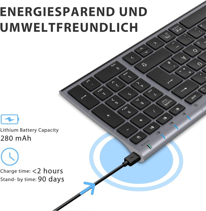 iClever Bluetooth Tastatur, Kabellose Tastatur mit 3 Bluetooth Kanälen, Funk Tastatur wiederaufladba