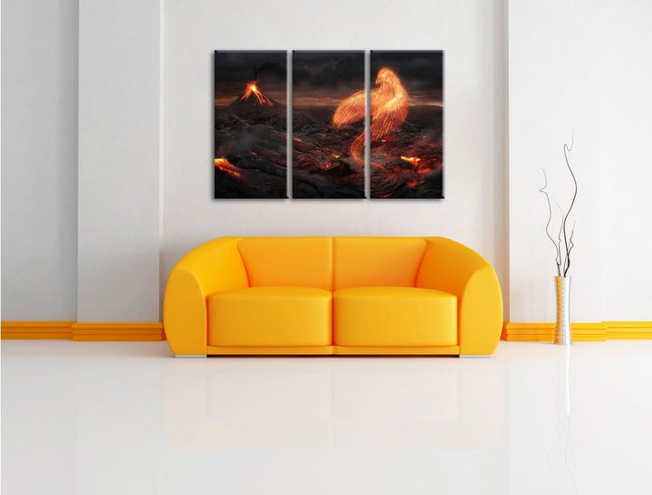 Pixxprint Brennender Phönix Vulkanlandschaft als Leinwandbild | Grösse: 3 Teilig (120x80) | Wandbild