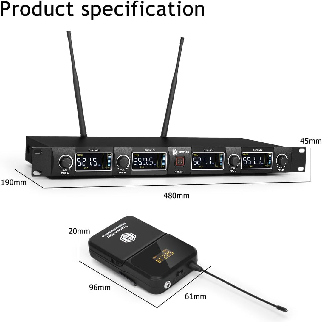 W IN-MIX Professionelles UHF-Funkmikrofonsystem, 4 Kanäle, 80 Meter Reichweite, mit Lavalier- und He