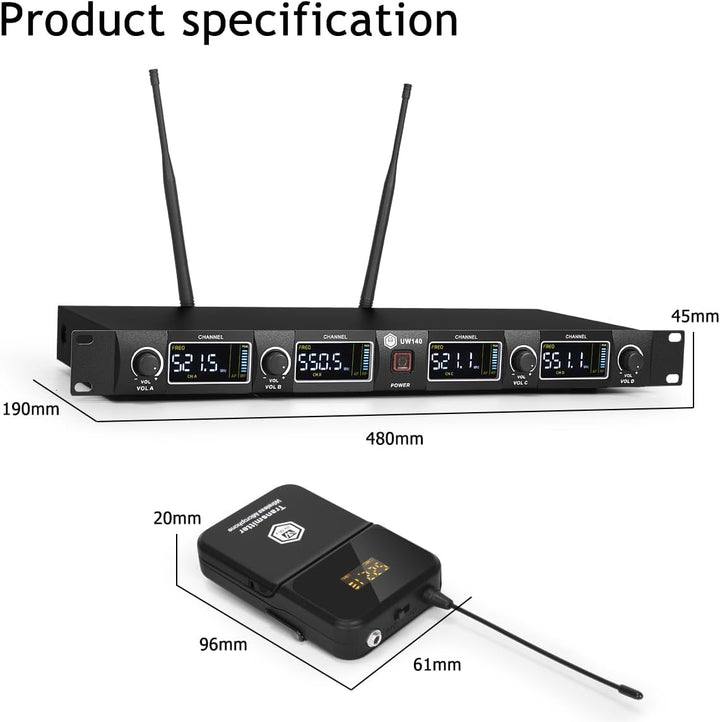 W IN-MIX Professionelles UHF-Funkmikrofonsystem, 4 Kanäle, 80 Meter Reichweite, mit Lavalier- und He