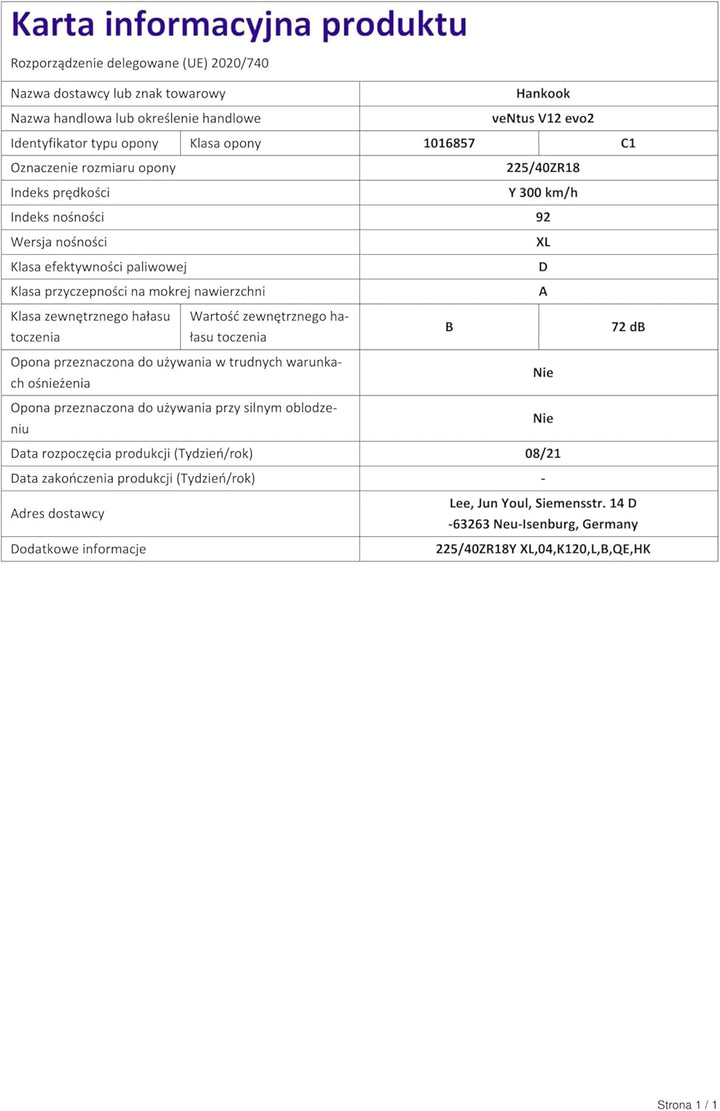 Hankook Ventus V12 Evo 2 K120 - 225/40R18 92Y - Sommerreifen, Ventus V12 evo2 225/40 ZR18 92Y - FSL/
