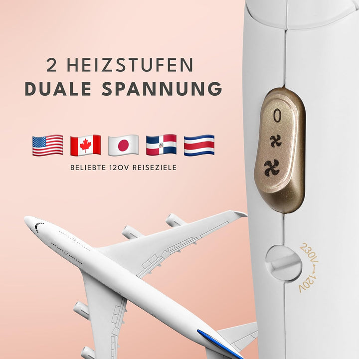 LEBENLANG Reisefön klappbar klein - Duale Spannung & Inkl. Reisetasche mit Stylingdüse I Reise Föhn