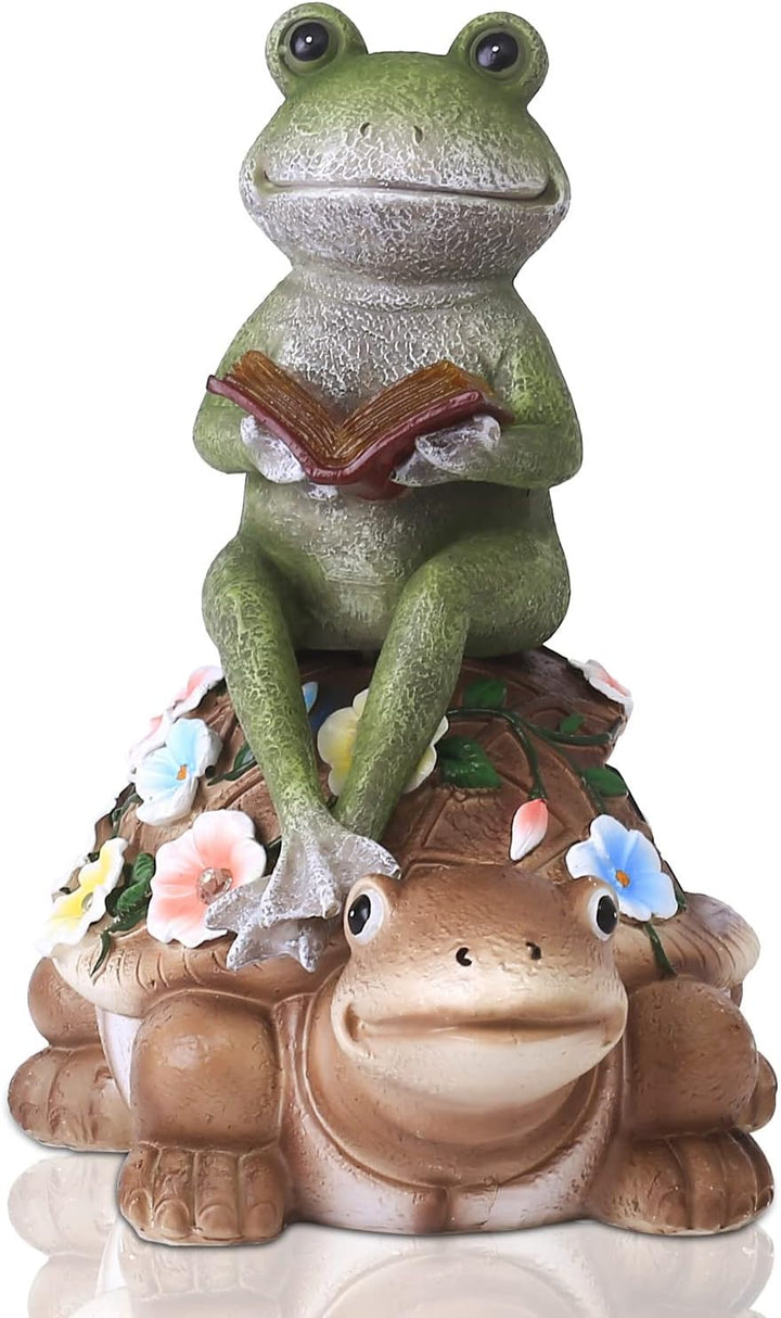 Yeomoo Solar Frosch Reiten Schildkröte Figuren Gartendeko für Draussen – mit Blumen LED Solarlampen