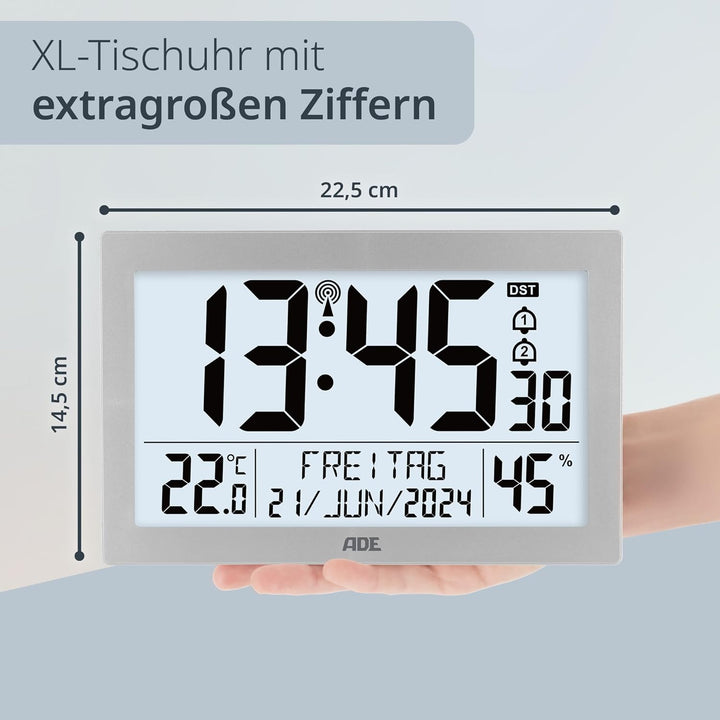 ADE Digitale Funkuhr mit grossem XL-Display | Kalender | mit Temperaturanzeige & Hygrometer | Wanduh