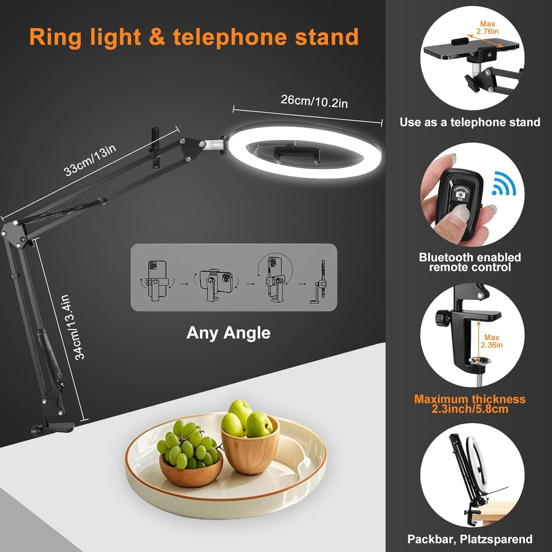 Ringlicht Mit Stativ,Handy Overhead Stativ 10,Dimmbares LED-Ringlicht,RGB Ring Light,Tisch Selfie Li