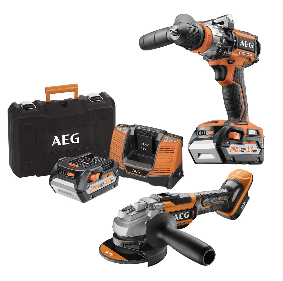 AEG - Duo Brushless 18 V: Schlagbohrmaschine, Schleifmaschine 125 mm, 2 Batt. 5,0 Ah Ladegerät, gros