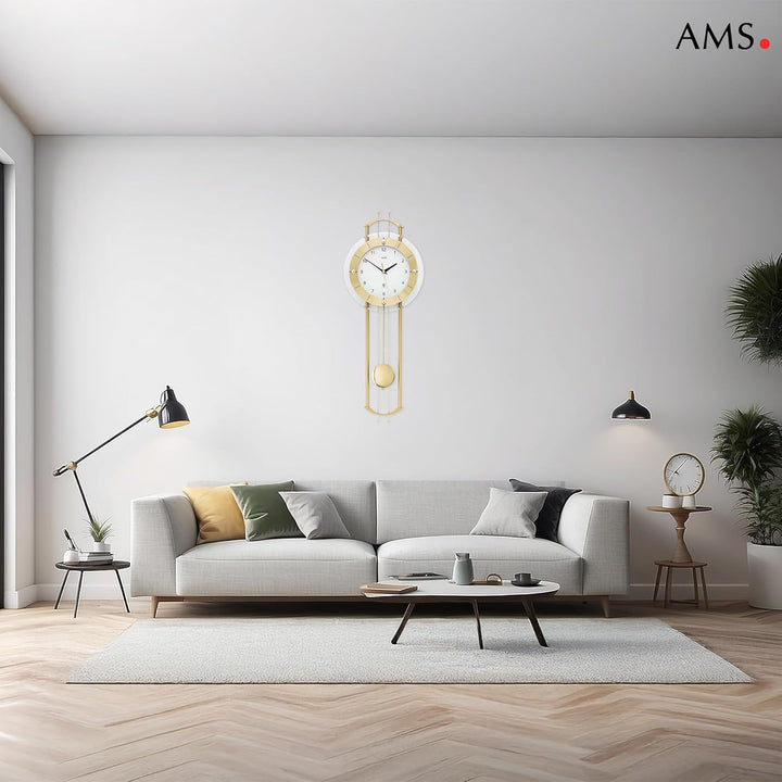 AMS Funkwanduhr 5257 mit glänzendem, messingfarbenem Pendel elegante Funk Pendeluhr Design Wanduhr