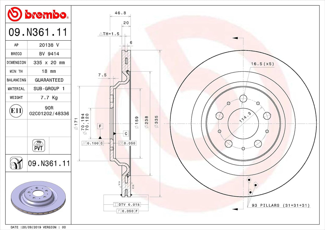 Brembo Bremsscheiben Hinten Innenbelüftet 2X Ø 335Mm | 09.N361.11