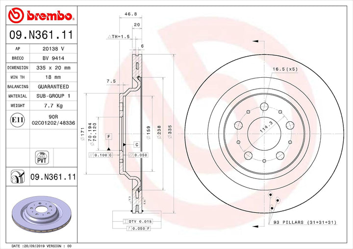 Brembo Bremsscheiben Hinten Innenbelüftet 2X Ø 335Mm | 09.N361.11
