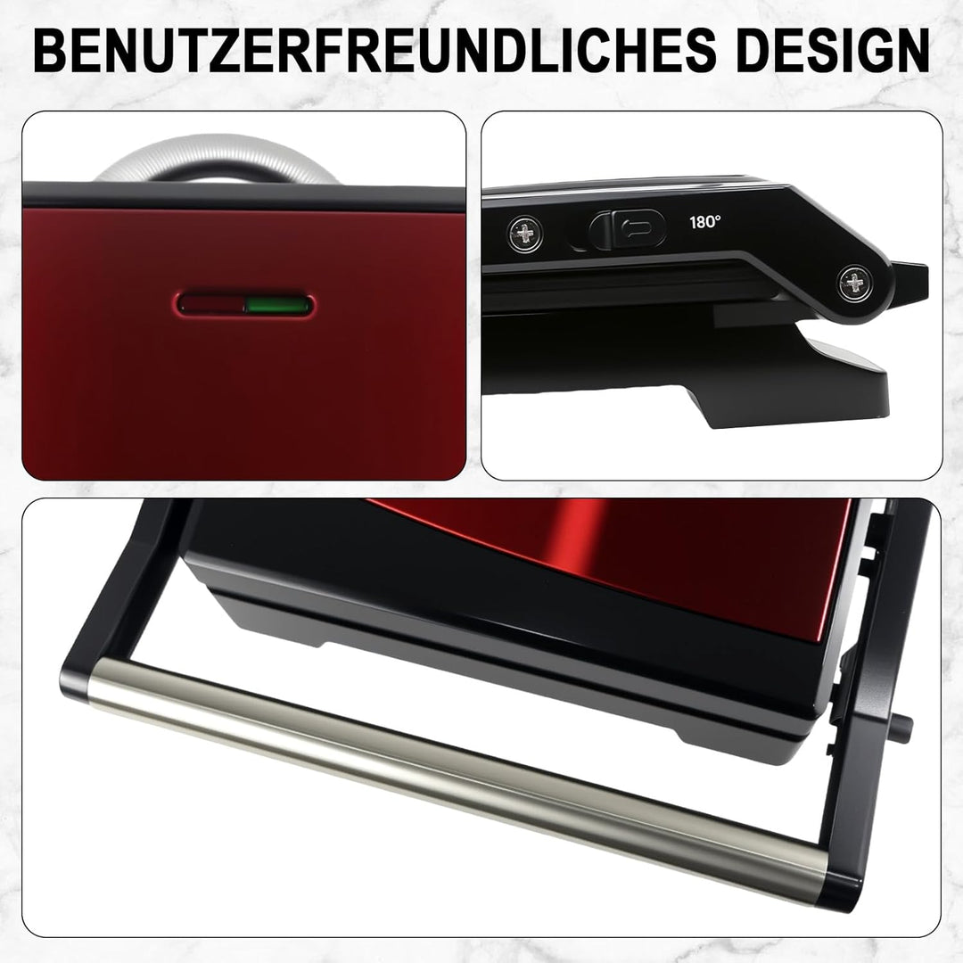 Kontaktgrill 1000W, Panini Grill & Sandwich Maker, geöffneter 180° Tischgrill, Grillfläche 23x15 cm