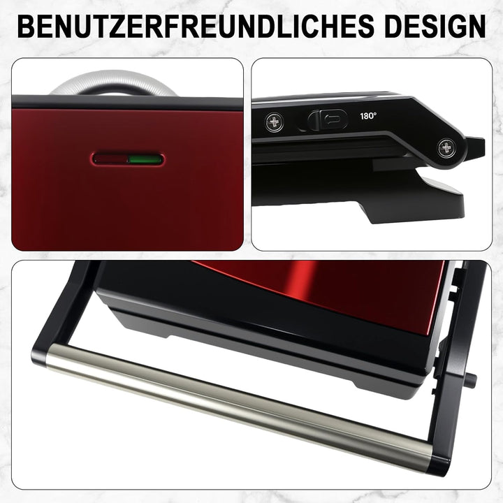 Kontaktgrill 1000W, Panini Grill & Sandwich Maker, geöffneter 180° Tischgrill, Grillfläche 23x15 cm