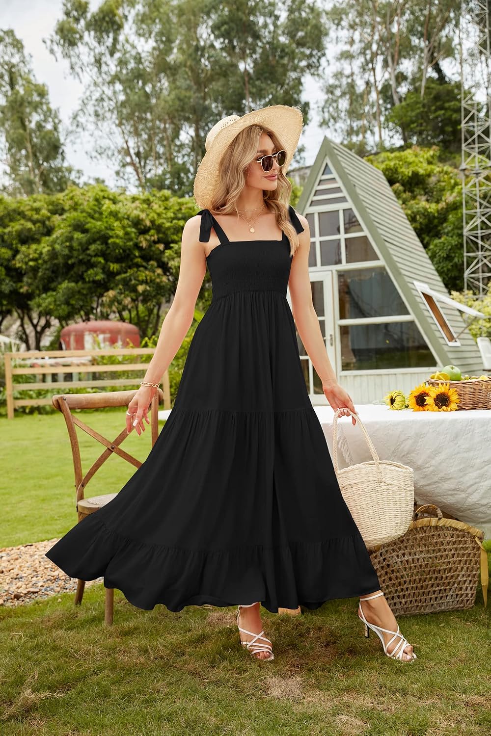 Kinstel Damen Sommer Boho Spaghetti Strap Square Neck Rüschen Casual Flowy Langes Kleid Strand Swing