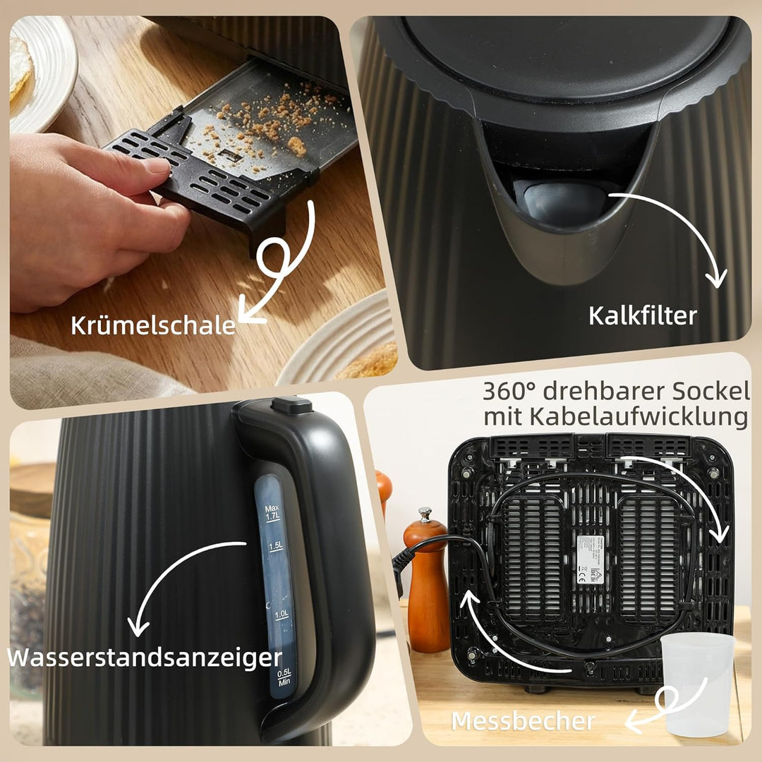 HOMCOM Wasserkocher Toaster Eierkocher Set 1,7L 2200W Edelstahl Schnell Wasserkocher mit Kalkfilter