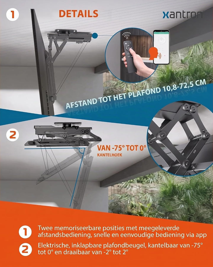 Xantron® DEHA-600E-Roto TV Deckenhalterung Elektrisch Klappbar Neigbar &amp; Drehbar / 32-75 Zoll [Sprac