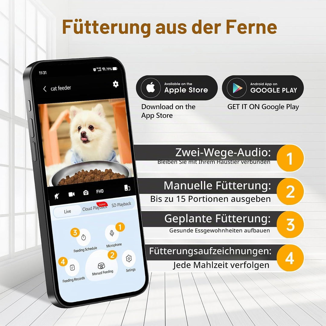 Futterautomat Katze 5L mit Kamera für Trockenfutter, WiFi APP-Steuerung | HD Bewegungserkennung &amp; Fa