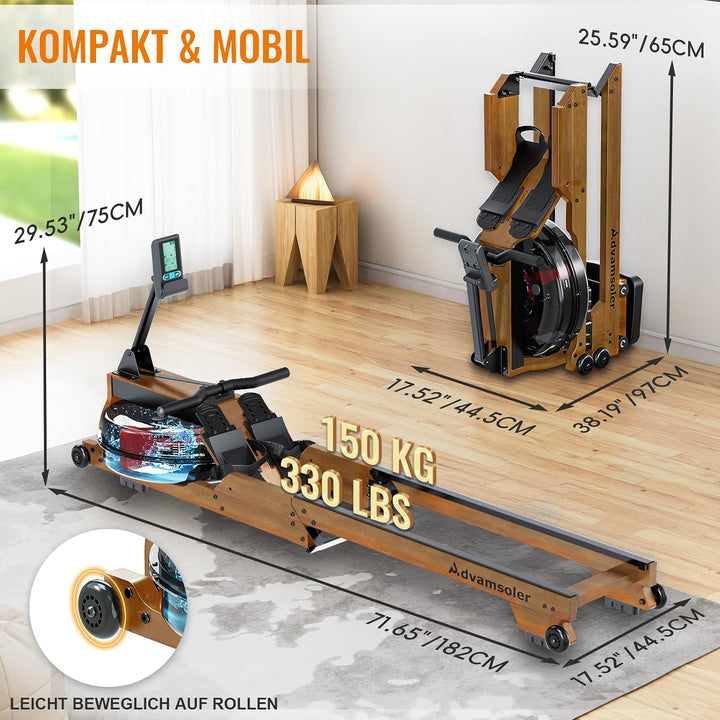 Wasser-Rudergerät für Zuhause, klappbar – leise | Bluetooth-App, LCD &amp; Tablet-Halter, gelenkschonend