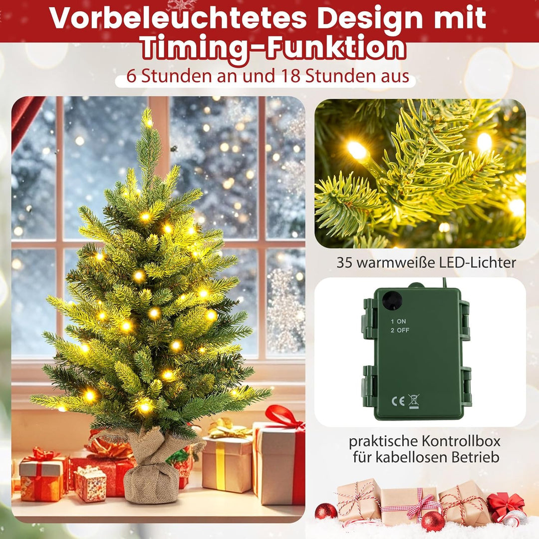 COSTWAY 60 cm künstlicher Weihnachtsbaum mit Beleuchtung, Kleiner Tannenbaum, Tisch-Weihnachtsbaum m