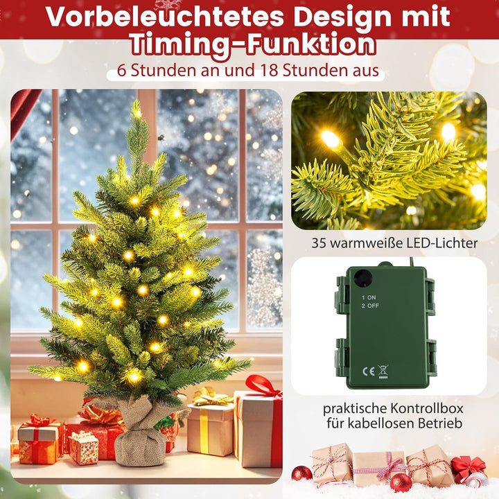 COSTWAY 60 cm künstlicher Weihnachtsbaum mit Beleuchtung, Kleiner Tannenbaum, Tisch-Weihnachtsbaum m