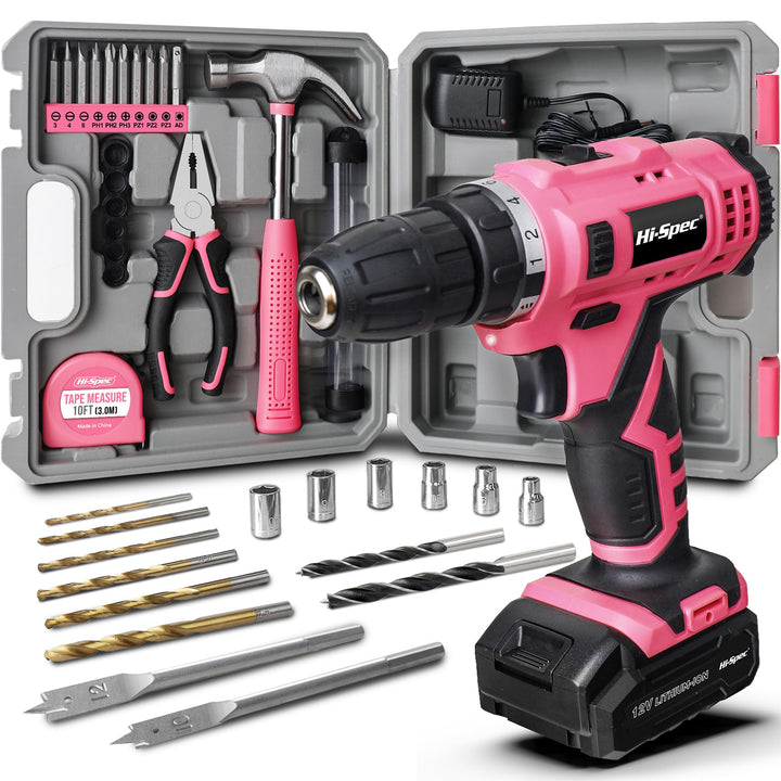 Hi-Spec 30-tlg. Pink Akku-Bohrschrauber 12V und Haushalts DIY Werkzeug Set. Kabelloses Bohren und Sc