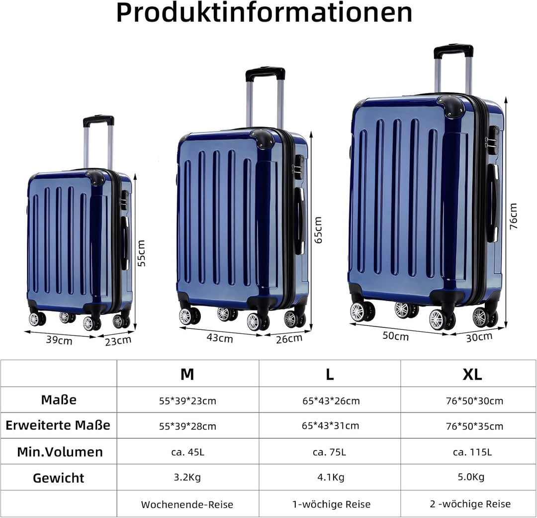 BEIBYE Hartschalen Koffer Trolley Rollkoffer Reisekoffer 4 Zwillingsrollen Polycabonat (Blau, Koffer