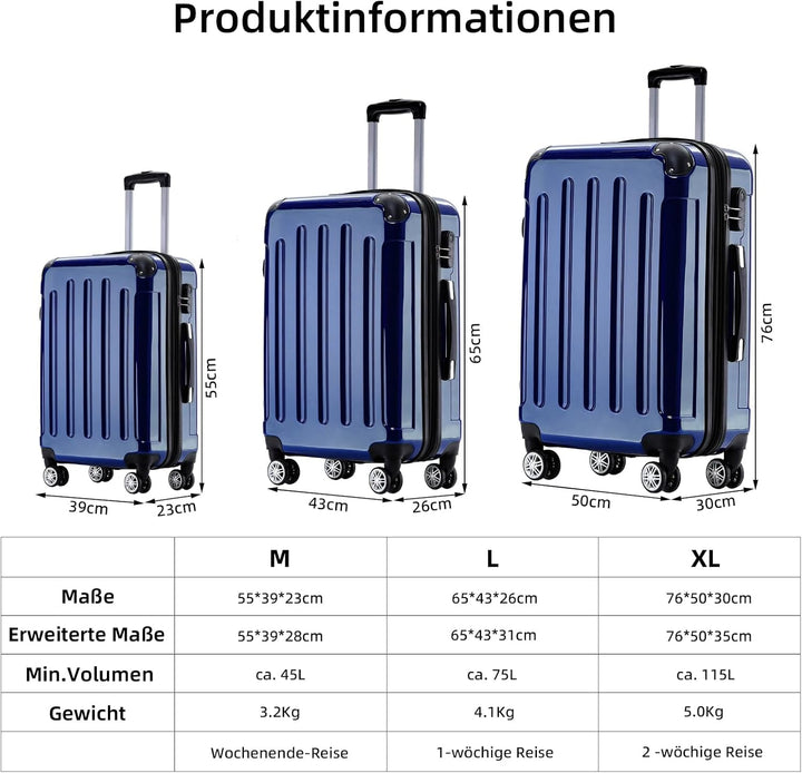 BEIBYE Hartschalen Koffer Trolley Rollkoffer Reisekoffer 4 Zwillingsrollen Polycabonat (Blau, Koffer