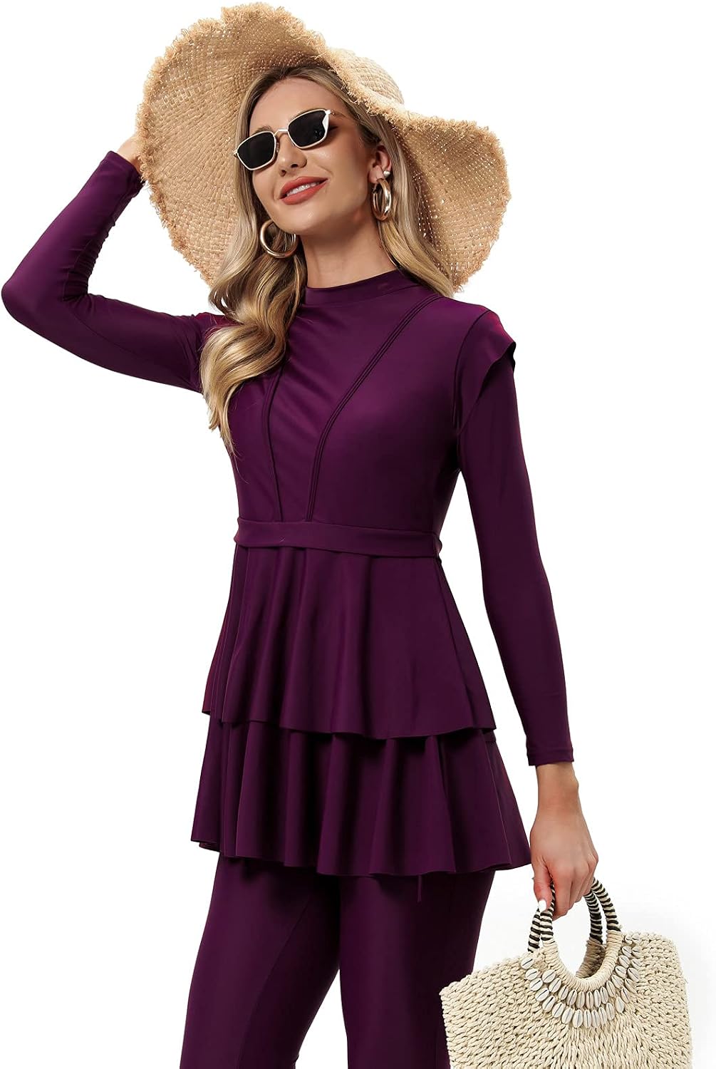seafanny Damen Modest Badeanzug Langarm Burkini Full Cover Muslim Badeanzug 36 Wein Rot, 36 Wein Rot