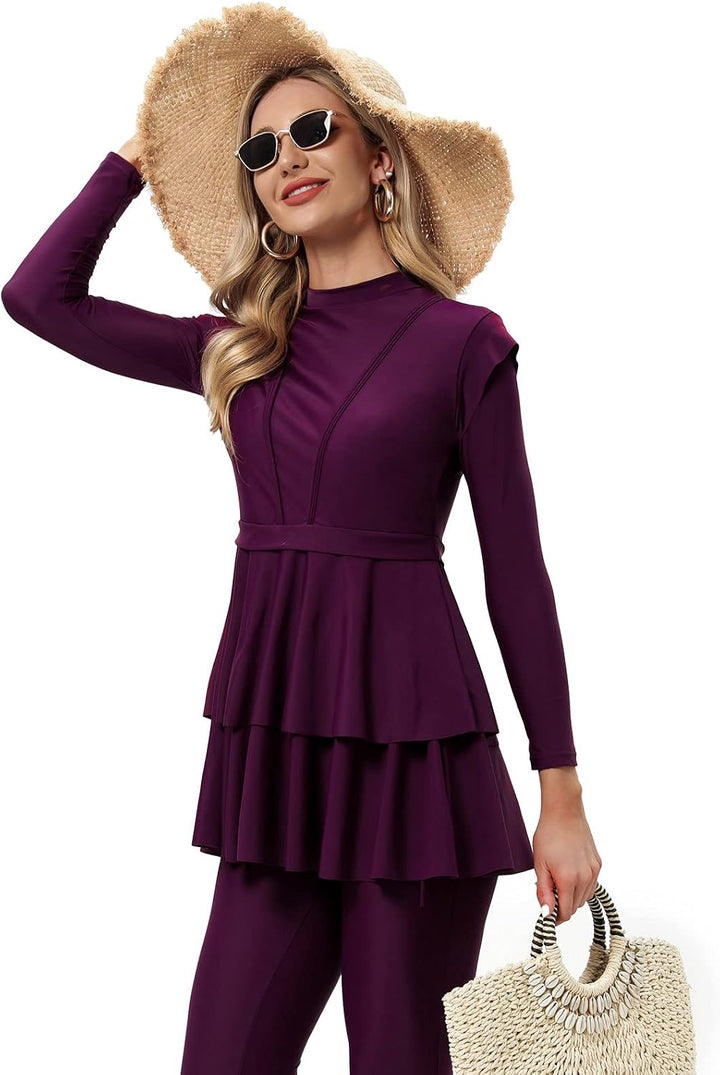 seafanny Damen Modest Badeanzug Langarm Burkini Full Cover Muslim Badeanzug 36 Wein Rot, 36 Wein Rot