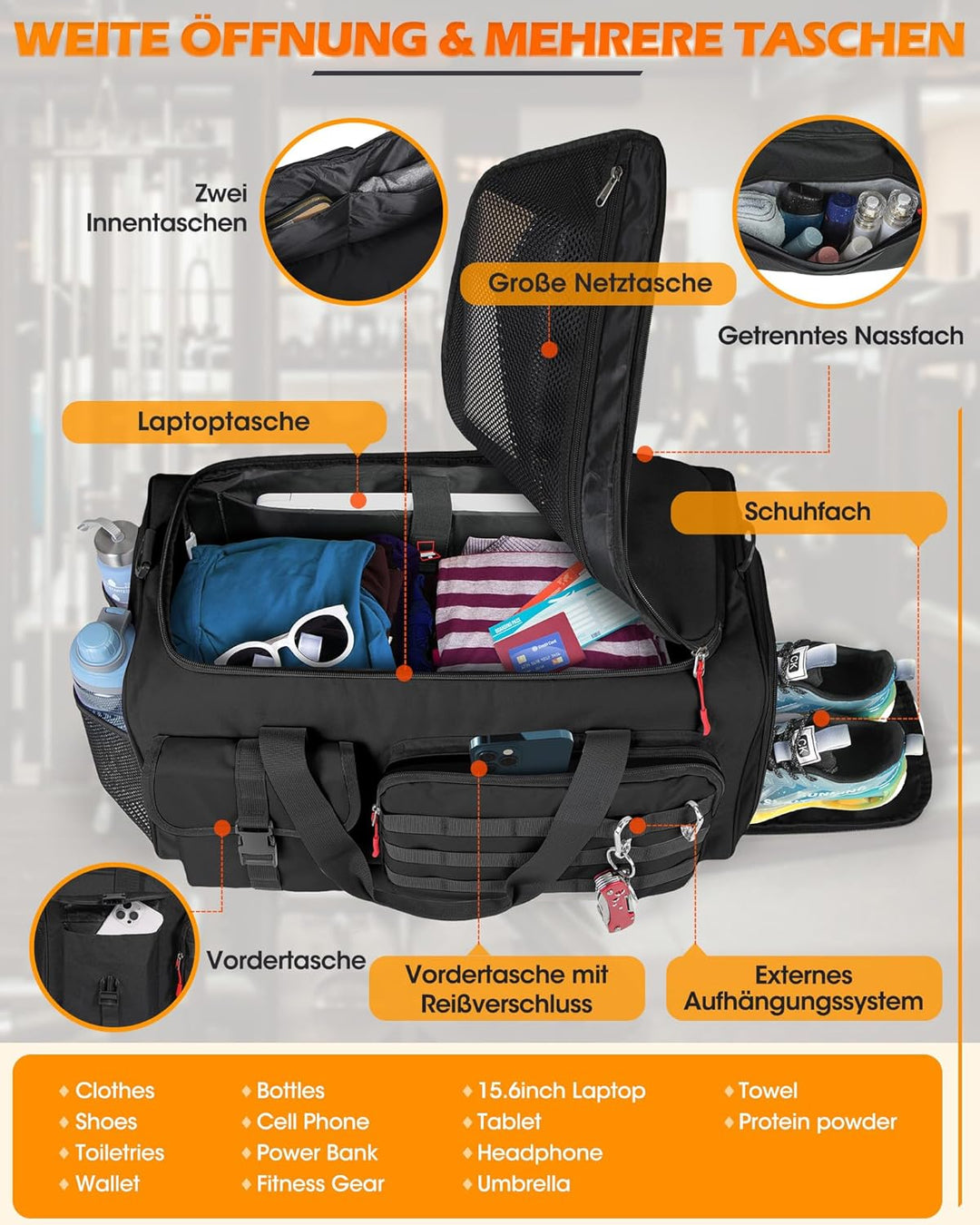RAINSMORE 3 IN 1 Sporttasche Herren 45L Reisetasche Rucksackfunktion Handgepäck mit Schuhfach Latopf