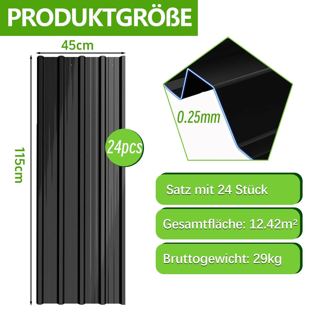 24er Set Profilblech Trapezblech, 115x45cm (12,42m²) Verzinkt Metall Dachplatten Wellblechplatten, S