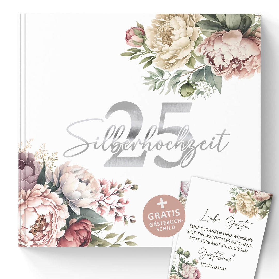 Gästebuch 25 Silberhochzeit deko Geschenk zum 25. Hochzeitstag für Eltern oder Freunde mit Silberprä