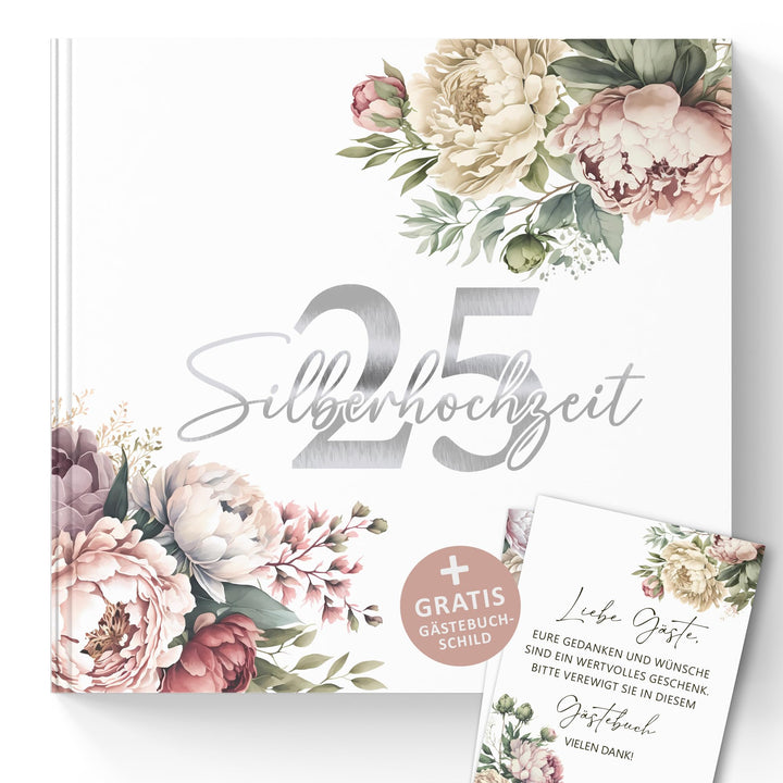 Gästebuch 25 Silberhochzeit deko Geschenk zum 25. Hochzeitstag für Eltern oder Freunde mit Silberprä