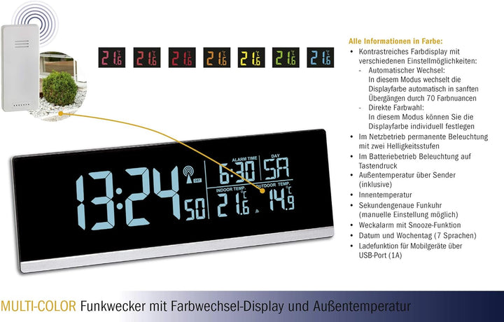 TFA Dostmann Multi-Color Digitaler Funk-Wecker mit Farbwechsel (70 Nuancen), 60.2548, Ladefunktion f