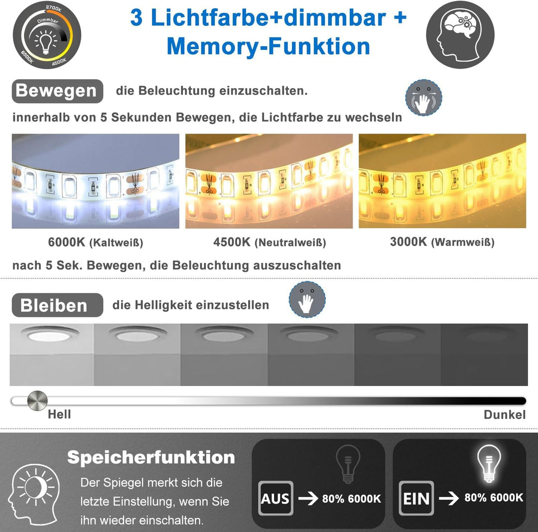 Badspiegel mit Sensor Schalter 120×70 cm Kalt/Neutral/Warmweiss, Beschlagfrei,dimmbar, Memory, eine