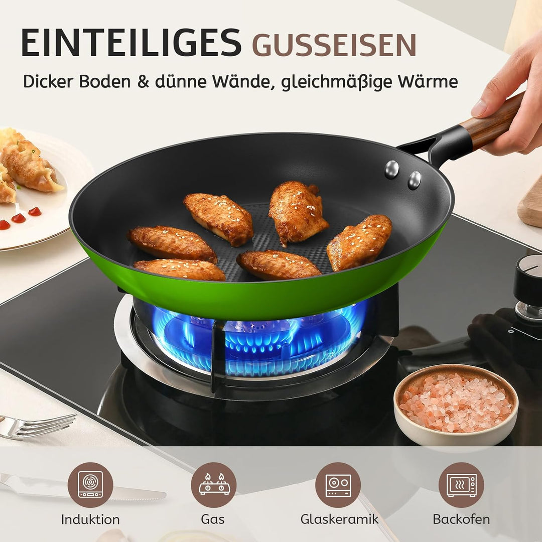 YUTANN Gusseisenpfanne, Nonstick Frying Pan, Pfannen 20cm mit Abnehmbarer Holzgriff, PFAS-Frei, PFOA