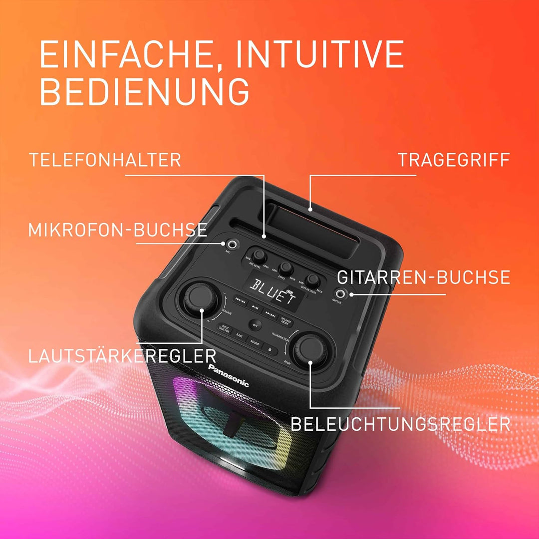 Panasonic SC-BMAX10E-K Tragbarer Party-Lautsprecher mit Bluetooth, integrierter Beleuchtung, 150 W,