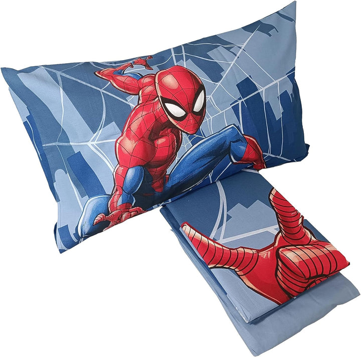 Spiderman, Bettlaken für Einzelbett, Spannbettlaken, Kissenbezug, Blau, Marvel, Disney, 100% Baumwol