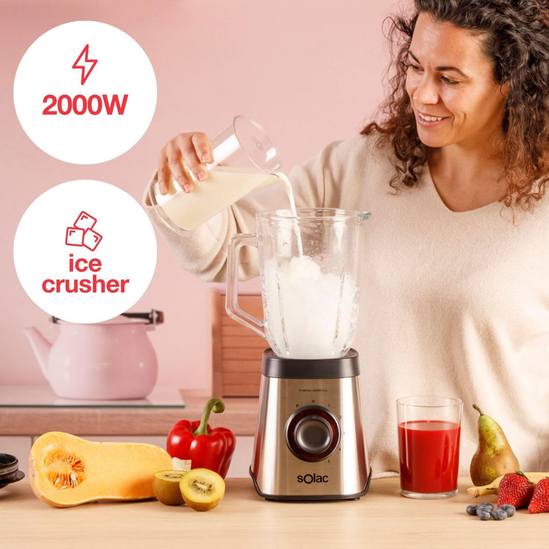 Solac - Promixter 2000 W | Glaskanne mit 1,75 l | 5 Geschwindigkeiten + Pulse | 6 Stahlklingen | Eis