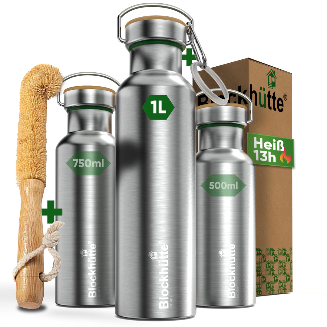 Blockhütte Premium Edelstahl Trinkflasche isoliert I 1L I mit Naturborsten Bürste I Isolierflasche a