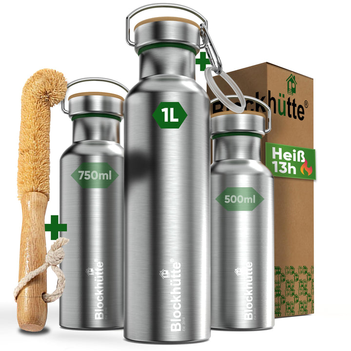 Blockhütte Premium Edelstahl Trinkflasche isoliert I 1L I mit Naturborsten Bürste I Isolierflasche a