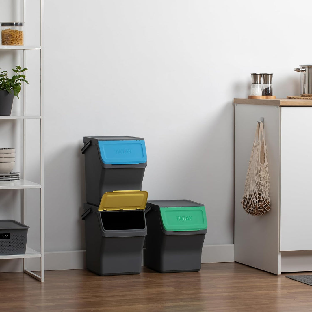 TATAY Mülltrennsystem Easy Waste 20L | 3er Set Recycling Behälter | Modular und Stapelbar | Deckel m