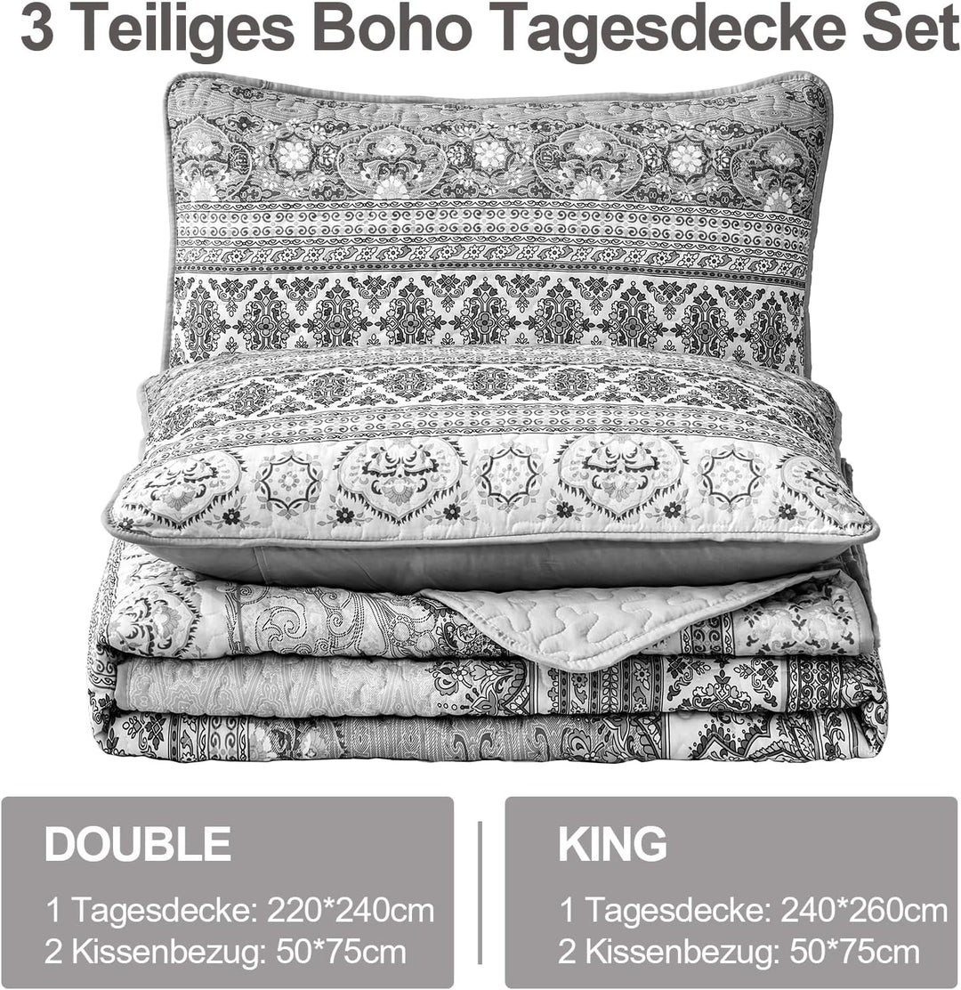 WONGS BEDDING Tagesdecke 220x240 Bettüberwurf Boho Decke Steppdecke 3 Teilig Doppelbett Gesteppt Bet