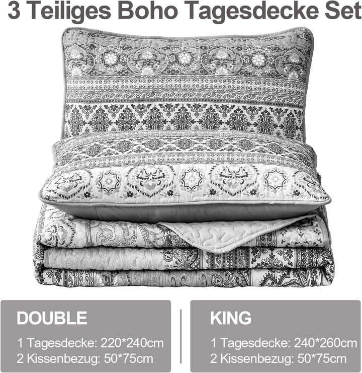 WONGS BEDDING Tagesdecke 220x240 Bettüberwurf Boho Decke Steppdecke 3 Teilig Doppelbett Gesteppt Bet