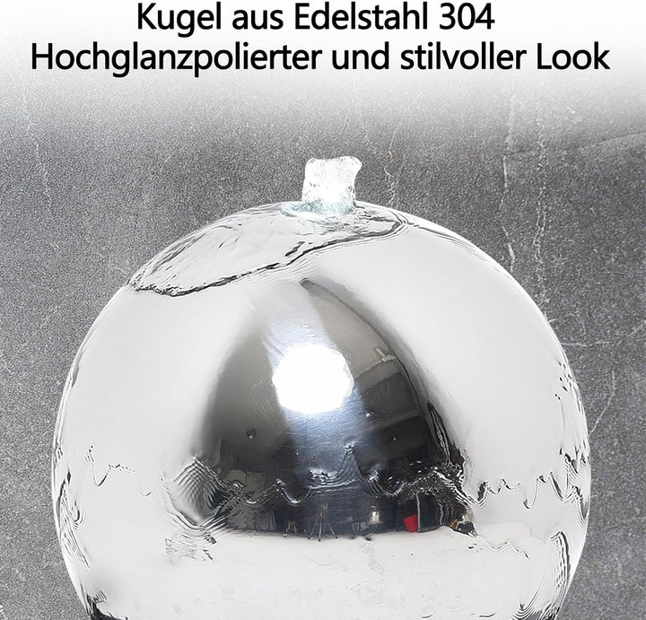 Köhko 30 cm Kugelbrunnen 21008 aus Edelstahl mit LED-Beleuchtung und Harzbecken Durchmesser = 30 cm