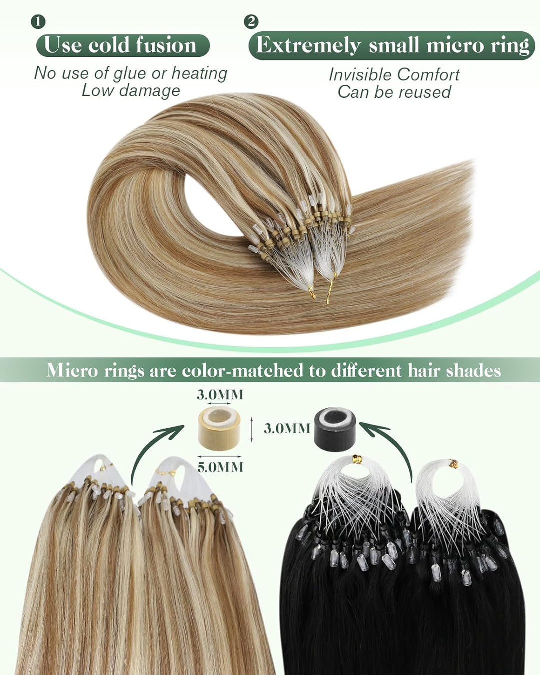 Ugeat Echthaar Extensions Microring 55cm Remy Echthaar Extensions Bondings P10/613 Hellbraun Highlig