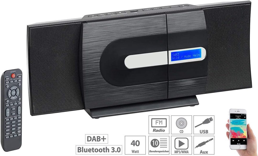 auvisio Kompaktanlage Vertikal: Vertikale Design-Stereoanlage, FM/DAB+, Bluetooth, CD, MP3, AUX, 40