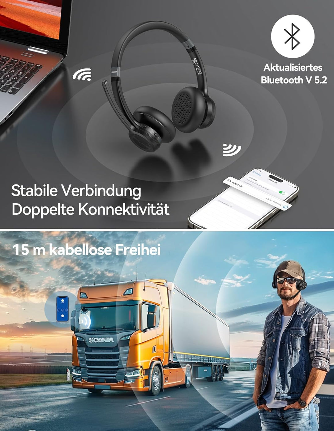 TECKNET V5.2 Bluetooth Headset mit Mikrofon, Wireless Headset mit Noise Cancelling und Stummschaltun