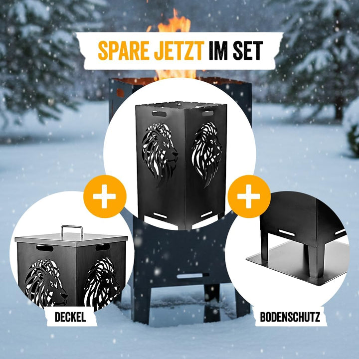 Feuertonne Hirsch & Löwe - Massive Feuerkorb Feuerschale aus Stahl Outdoor Firepit mit Motiv Stabil,