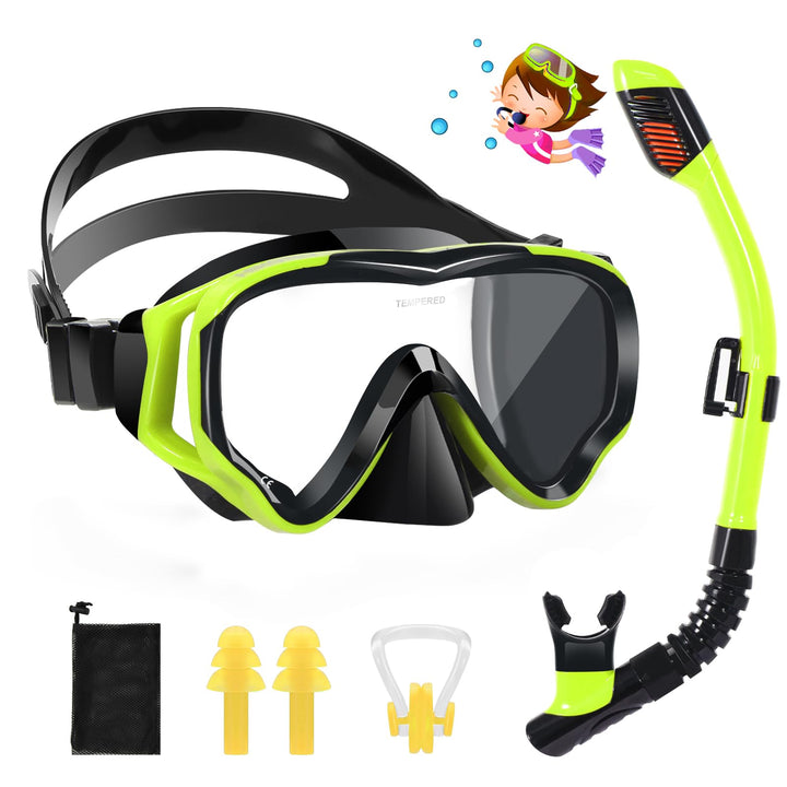 Schnorchelset Kinder, HIKOTEY Trocken Schnorchelset Kinder Anti-Fog Panorama, Anti-Leck Tauchmaske D
